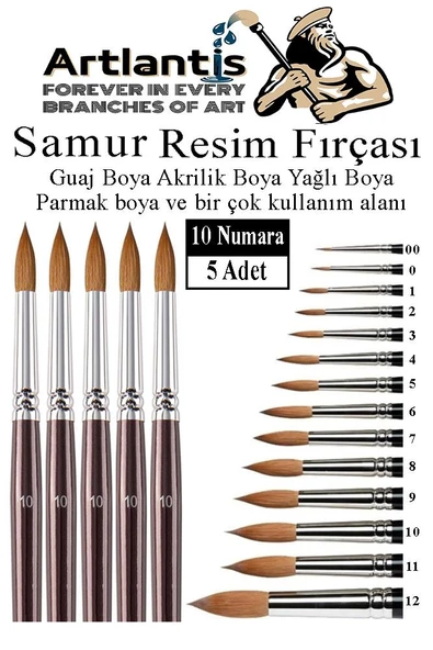 Resim Fırçası 10 Numara 5 li 1 Paket Samur Yuvarlak Uçlu Fırça Seti Guaj Sulu Akrilik Yağlı Boya Fırçaları ürün görseli 1