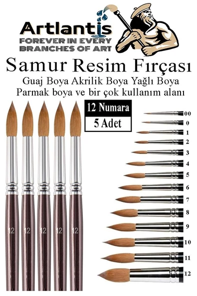Resim Fırçası 12 Numara 5 li 1 Paket Samur Yuvarlak Uçlu Fırça Seti Guaj Sulu Akrilik Yağlı Boya Fırçaları ürün görseli 1