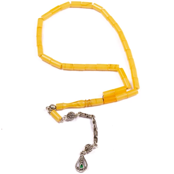 Kesme Kesim 10x6 mm  Sıkma Kehribar 34 Cm Alpaka Püsküllü Tesbih ürün görseli 1