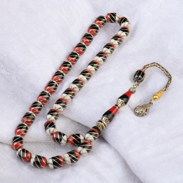 İşlemeli Kapsül Kesim 12x8 mm Erzurum Oltu Taşı Gümüş Püsküllü Tesbih ürün görseli 1