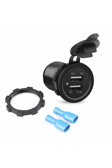 12v Dual Usb Araç Şarj Soketi 5v 1a 2.1a Çift Usb Ledli Su Geçirmez Şarj Adaptörü Oto ürün görseli 1