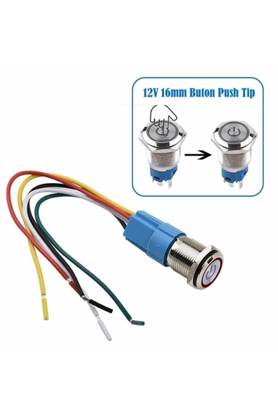 16mm Ledli Kablolu Push Tip Metal Button 12v 16mm 1no 1nc Spdt On Off Su Geçirmez Paslanmaz Çelik ürün görseli 1