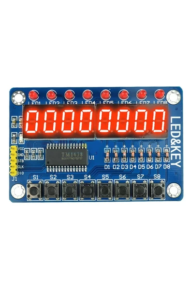 Tm1638 Modül 8 Hane 7 Segment Ekran 8x Kırmızı Led 8x Kullanıcı Butonu Dijital Display Gösterge ürün görseli 1