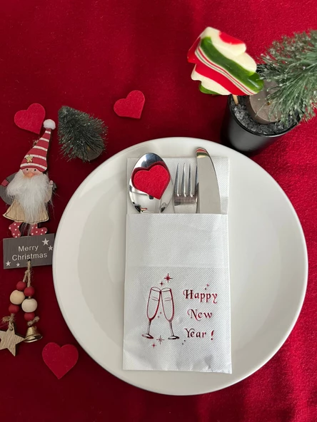 Kırmızı Yaldızlı Beyaz Cepli Yılbaşı Kadeh Happy New Year Kağıt Peçete 12 Adet 40x40 ürün görseli 1