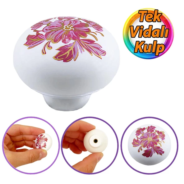 Pembe Beyaz Ortanca Çiçek Desenli Polimer Düğme Kulp Mantar Mobilya Mutfak Dolabı Çekmece Kulbu Kulpları ürün görseli 1