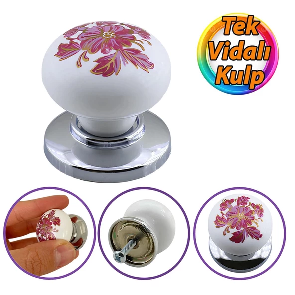 Pembe Beyaz Ortanca Çiçek Desenli Krom Tablalı Polimer Düğme Kulp Mobilya Mutfak Dolabı Çekmece Kulbu Kulpları ürün görseli 1