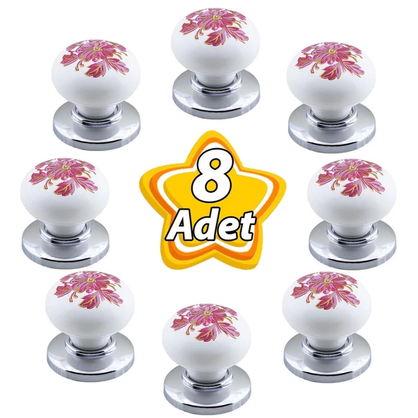 8 Adet Pembe Beyaz Ortanca Çiçek Desenli Krom Tablalı Polimer Düğme Kulp Mobilya Mutfak Dolabı Çekmece Kulbu Kulpları ürün görseli 1