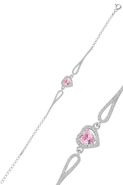 Gümüş rodyumlu pembe zirkon taşlı pırlanta modeli kalp bileklik SGTL12272PEMBE ürün görseli 1