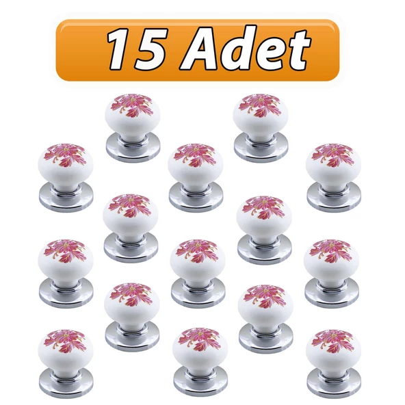 15 Adet Pembe Beyaz Ortanca Çiçek Desenli Krom Tablalı Polimer Düğme Kulp Mobilya Mutfak Dolabı Çekmece Kulbu Kulpları ürün görseli 1