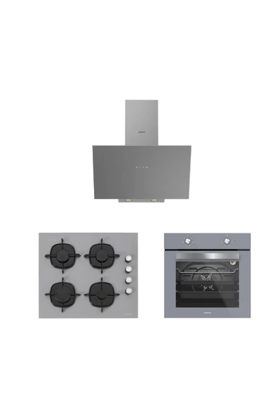 Silverline 3'lü Gri Cam Ankastre Set (3481 Flam 60 Gri+cs5335s02+bo65e1s01) ürün görseli 1