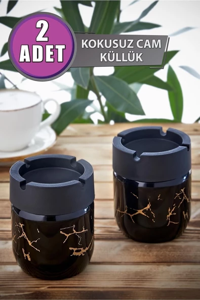 GRİMOR Life 2 Adet Siyah Mermer Desenli Dekoratif Cam Kokusuz Küllük Kül Tablası Seti 425 Cc ürün görseli 1