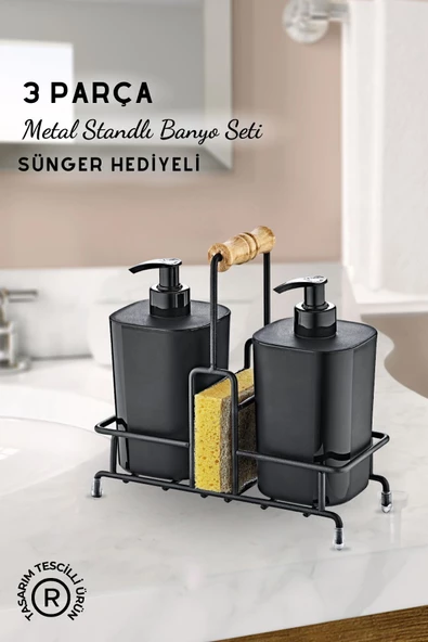 GRİMOR Life Metal Standlı Siyah Begonya Çamaşır Suyu ve Sıvı Sabunluk Banyo Seti-Sünger Hediyeli ürün görseli 1