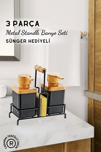 GRİMOR Life Metal Standlı Siyah Ahşap Detaylı Çamaşır Suyu ve Sıvı Sabunluk Banyo Seti-Sünger Hediyeli ürün görseli 1