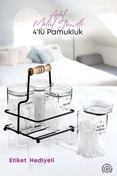 GRİMOR Life Metal Standlı 4 Lü Akrilik Kulak Pamuğu- Pamuk & Makyaj Pamuğu& Diş Ipi Organizeri- Etiket Hediyeli ürün görseli 1