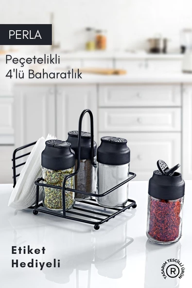 GRİMOR Life Perla Metal Standlı Peçetelikli 4'lü Çift Kapaklı Cam Baharatlık Seti - Tuzluk Biberlik Peçetelik ürün görseli 1
