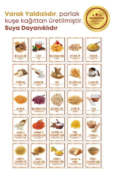 GRİMOR Life 25 Li Renkli Resimli Varak Yaldızlı Suya Dayanıklı Erzak Bakliyat Etiketi Sticker - Resim 2