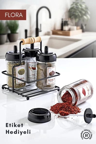 GRİMOR Life Metal Standlı 4'lü Kaşıklı Cam Baharatlık Seti 300 cc- Flora Baharatlık Seti- Etiket Hediyeli ürün görseli 1