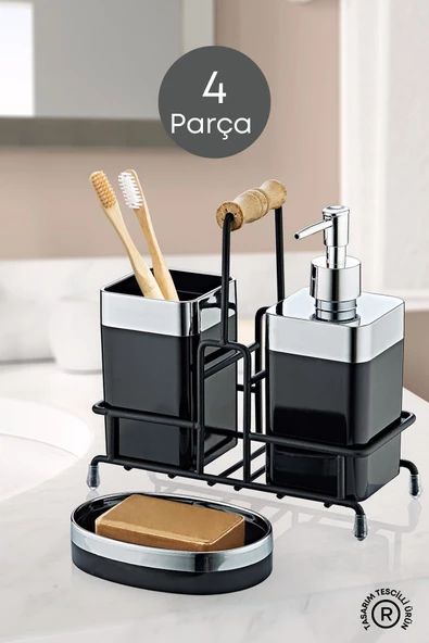 GRİMOR Life Metal Standlı Krom Detaylı Banyo Seti Siyah- Sıvı Sabunluk Katı Sabunluk Diş Fırçalık ürün görseli 1