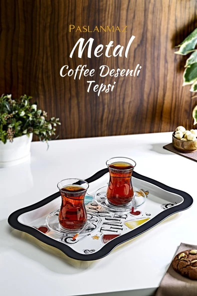 GRİMOR Life Coffee Desenli Metal Sunum Tepsisi- Çay Kahve Tepsisi ürün görseli 1