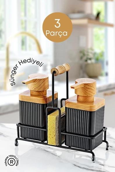 GRİMOR Life Mimoza Metal Standlı Ahşap Detaylı Bulaşık Deterjanı Ve Sıvı Sabunluk Mutfak Seti-sünger Hediyeli ürün görseli 1