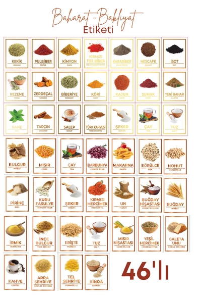 GRİMOR Life 46 Lı Renkli Resimli Varak Yaldızlı Suya Dayanıklı Baharat Erzak Bakliyat Etiketi Sticker ürün görseli 1