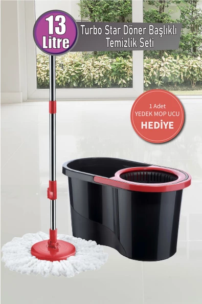 GRİMOR Life Turbo Star Black Microfiber Döner Başlıklı Temizlik Seti Büyük Boy Mop 13 Lt.+yedek Mop Hediyeli ürün görseli 1
