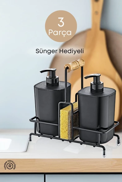 GRİMOR Life Metal Standlı Siyah Begonya Bulaşık Deterjanı ve Sıvı Sabunluk Mutfak Seti-Sünger Hediyeli ürün görseli 1