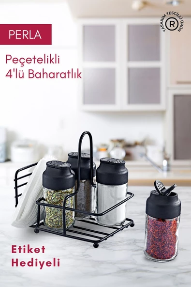 GRİMOR Life Perla Metal Standlı Peçetelik Hazneli 4'lü Çift Kapaklı Cam Baharatlık Seti - Baharat Takımı ürün görseli 1
