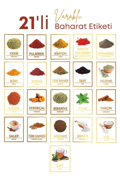 GRİMOR Life 21 Li Renkli Resimli Varak Yaldızlı Suya Dayanıklı Baharat Etiketi Sticker ürün görseli 1