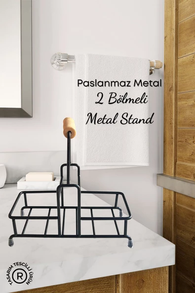 GRİMOR Life 2 Bölmeli Çok Amaçlı Ahşap Kulplu Metal Stand Düzenleyici Organizer- Sıvı Sabunluk- Yağdanlık Standı ürün görseli 1