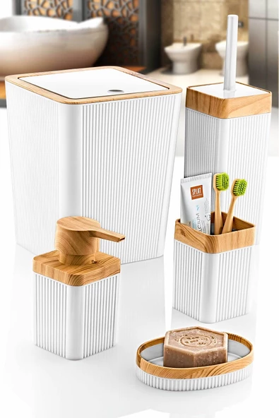 GRİMOR Life 5'li Beyaz Ahşap Desenli Çizgili Lüx Banyo Seti 3 Adet Duş Lifi Hediye ürün görseli 1