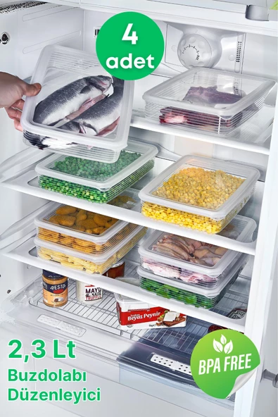 GRİMOR Life 4 Adet Buzdolabı Düzenleyici Saklama Kabı Seti 2,3 Lt Şeffaf- Sebze Meyve Erzak Saklama -dipfriz ürün görseli 1