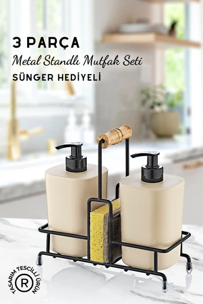 GRİMOR Life Metal Standlı Krem Begonya Çamaşır Suyu ve Sıvı Sabunluk Banyo Seti-Sünger Hediyeli ürün görseli 1