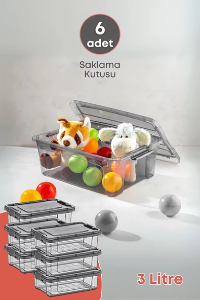 GRİMOR Life 6 Adet Kilitli Saklama Kutusu Dolap İçi Düzenleyici Organizer Saklama Kabı 3 Lt Gri ürün görseli 1