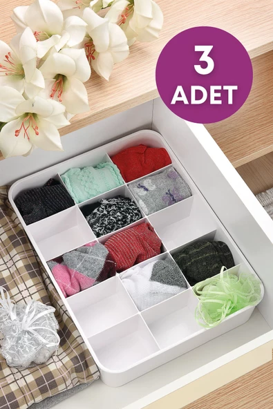 GRİMOR Life 3 Adet 15 Bölmeli Çekmece Içi Düzenleyici Organizer Kravat Çorap Takı Organizeri Beyaz ürün görseli 1