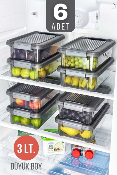 GRİMOR Life 6 Adet Kilit Kapak Büyük Boy Erzak Saklama Kabı Buzdolabı Düzenleyici 3 Lt ürün görseli 1