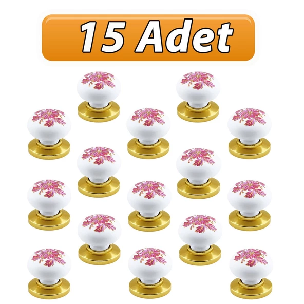 15 Adet Pembe Beyaz Ortanca Çiçek Desenli Altın Tablalı Polimer Düğme Kulp Mobilya Mutfak Dolabı Çekmece Kulbu Kulpları ürün görseli 1