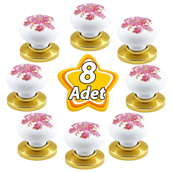 8 Adet Pembe Beyaz Ortanca Çiçek Desenli Altın Tablalı Polimer Düğme Kulp Mobilya Mutfak Dolabı Çekmece Kulbu Kulpları ürün görseli 1