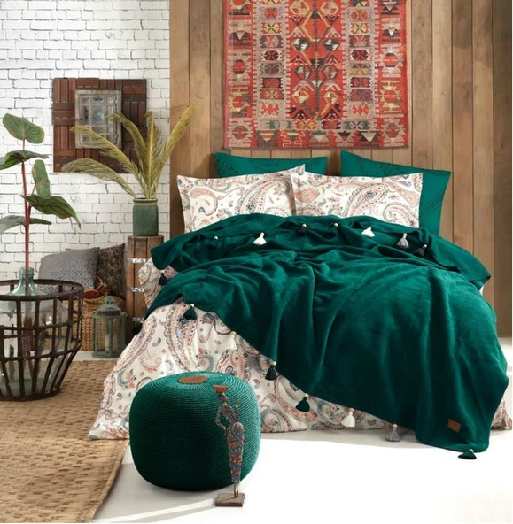İyi Geceler İstanbul Boho Chic Çift Kişilik Battaniyeli Zümrüt Yeşili Nevresim Takımı ürün görseli 1