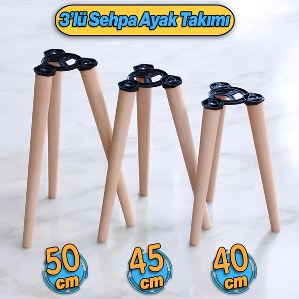 3'lü Sehpa Ayak Takımı Ahşap Zigon Puf Tabure Ayağı Masa Ayakları Açılı Orta Sehpa Bağlantı Aparatlı ürün görseli 1