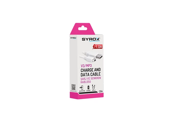 Syrox C84 1mt V3/MP3 Şarj & Data Kablosu - Beyaz - Resim 2