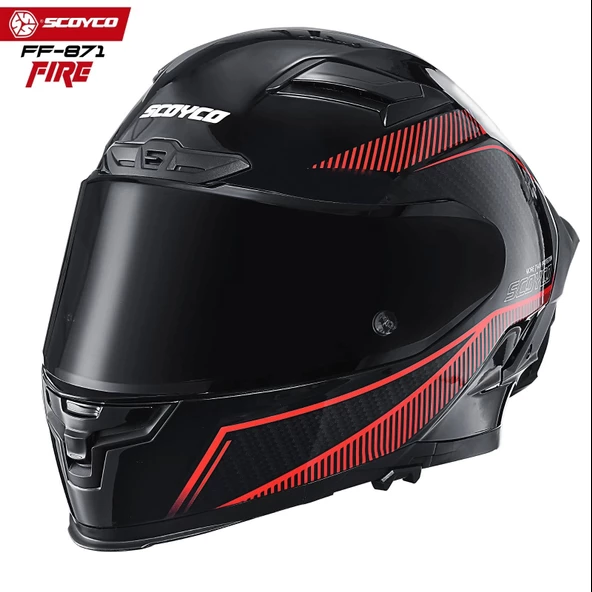 SCOYCO FF-871 FIRE SİYAH-KIRMIZI-CARBON GÜNEŞ VİZÖRLÜ KAPALI KASK (SİYAH CAMLI) ürün görseli 1