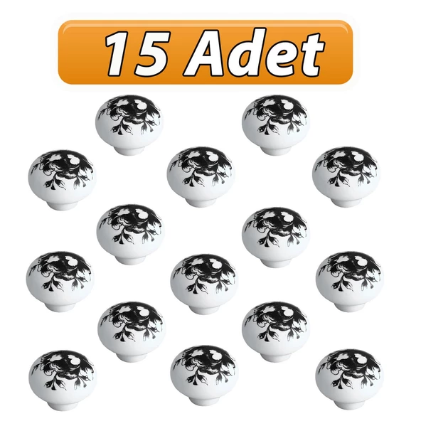 15 Adet Siyah Gül Desenli Beyaz Polimer Düğme Kulp Mantar Mobilya Mutfak Dolabı Çekmece Kulbu Kulpları ürün görseli 1
