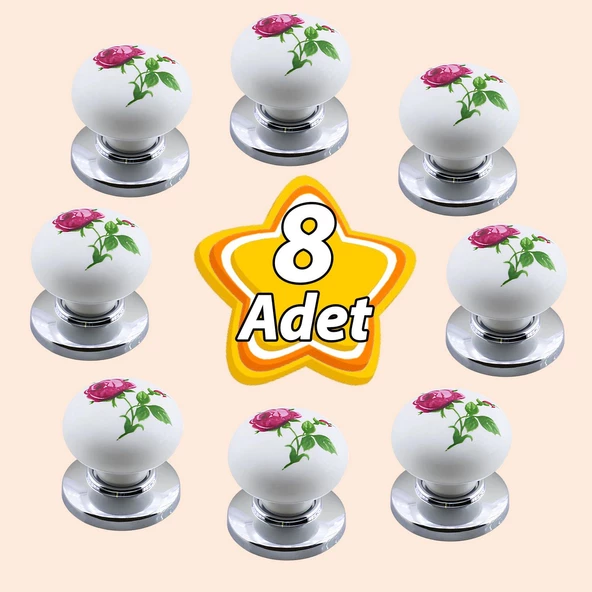 8 Adet Pembe Gül Desenli Beyaz Polimer Düğme Kulp Krom Tablalı Mobilya Mutfak Dolabı Çekmece Kulbu Kulpları ürün görseli 1