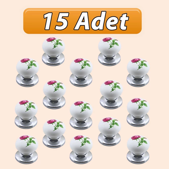 15 Adet Pembe Gül Desenli Beyaz Polimer Düğme Kulp Krom Tablalı Mobilya Mutfak Dolabı Çekmece Kulbu Kulpları ürün görseli 1