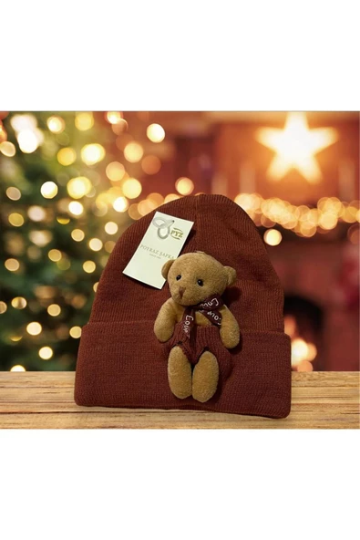 Bear Pelüş Kahve Ayıcıklı Bere Renkli Tedy Figürlü Unisex Kiremit Örgü ürün görseli 1