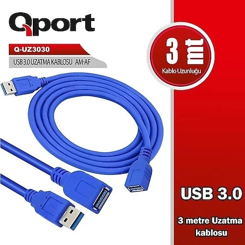 QPORT 3metre Q-UZ3030 USB 3.0 Uzatma Kablosu ürün görseli 1