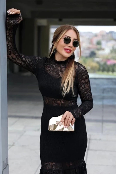 Siyah Uzun Kullu Güpür Ve Transparan Detay Diz üstü Elbise ürün görseli 1
