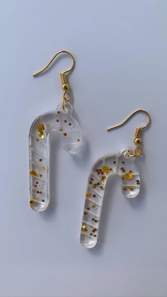 Şeffaf Epoksi İçinde Sarı Simli Glitterli  Baston Şeker Şekil Epoksi Küpe El Yapımı Hediyelik ürün görseli 1