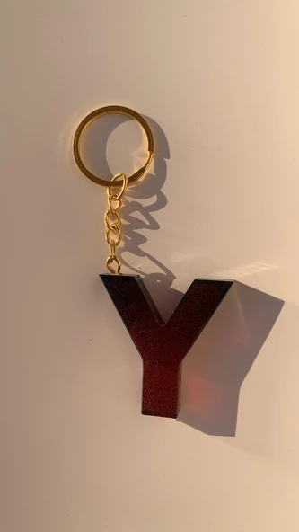 Y Harfi Kırmızı Renk Siyah Dumanlı Süs Gold Aksesuarlı Epoksi Anahtarlık El Yapımı Hediyelik - Resim 8